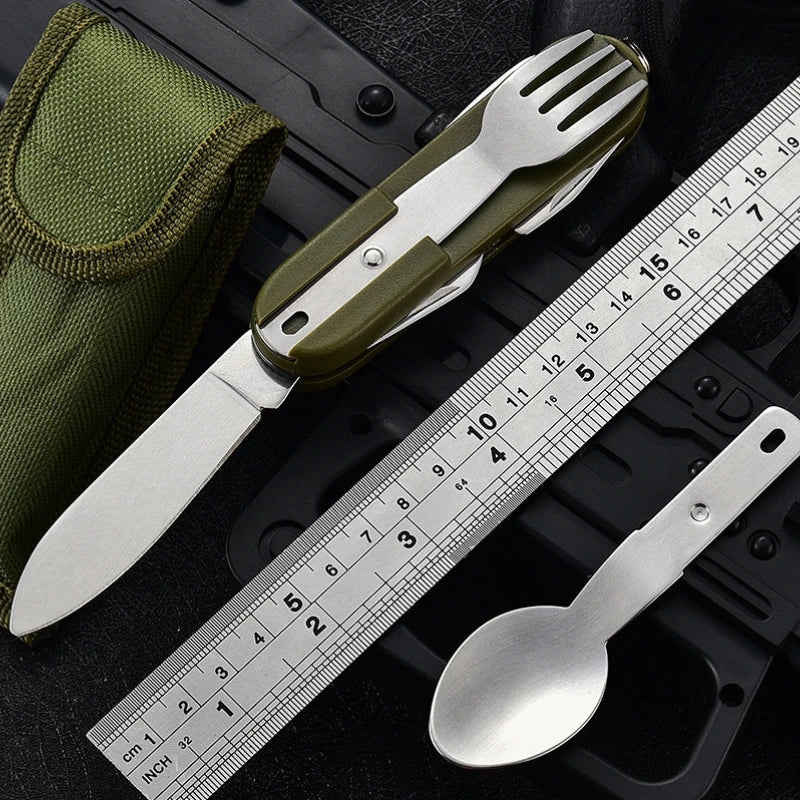 1Pc 7-In-1 Multifunctional Outdoor Utensils Stainless Steel Portable Utensils Picnic Camping Hiking Outdoor Gadgets