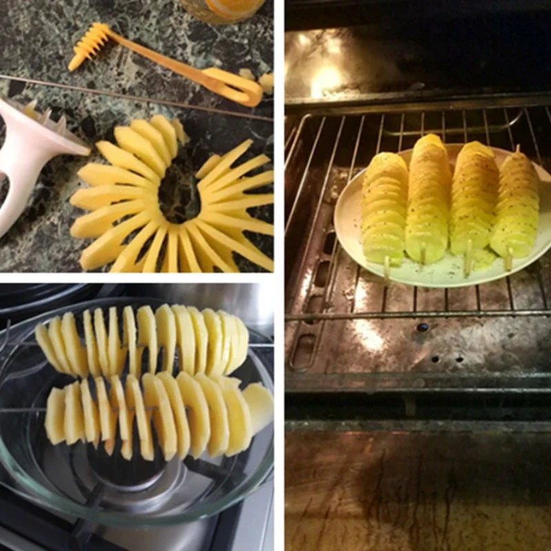 Stainless Steel Rotary Potato Slicer BBQ Potato Tart Slicer Vegetable Spiral Slicer Portable Potato Slicer Kitchen Tools