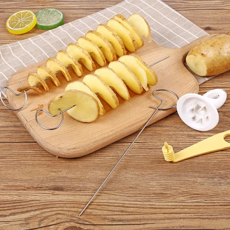 Stainless Steel Rotary Potato Slicer BBQ Potato Tart Slicer Vegetable Spiral Slicer Portable Potato Slicer Kitchen Tools