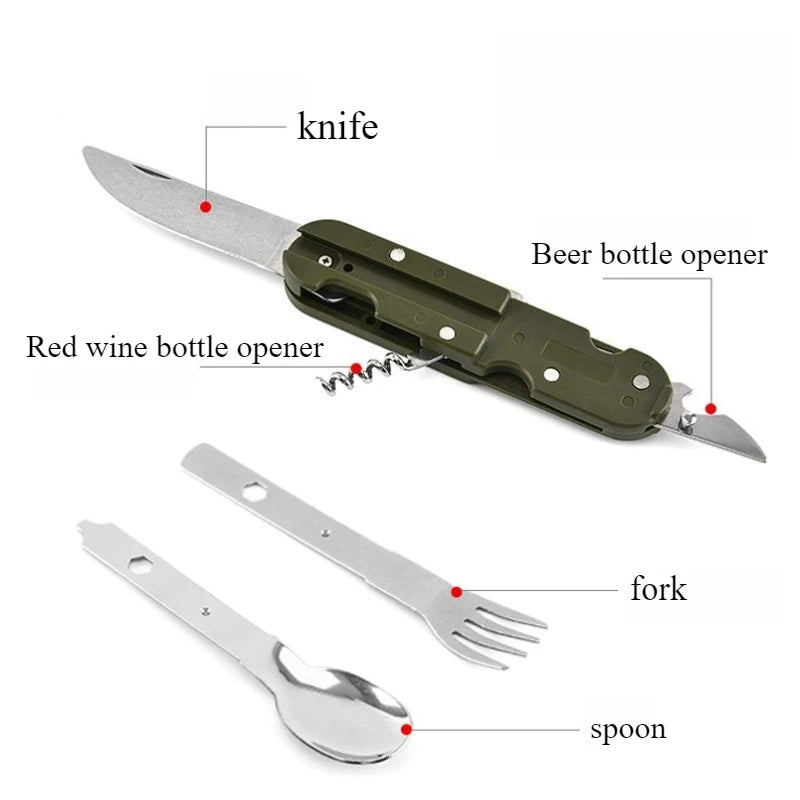 1Pc 7-In-1 Multifunctional Outdoor Utensils Stainless Steel Portable Utensils Picnic Camping Hiking Outdoor Gadgets